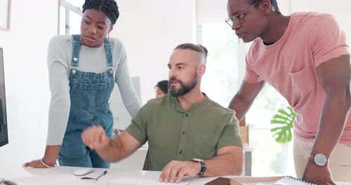 Training, coaching and business people with computer in office for helping coworker with project