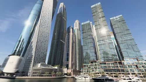 Low angle shot of Dubai Marina skyscrapers, United Arab Emirates