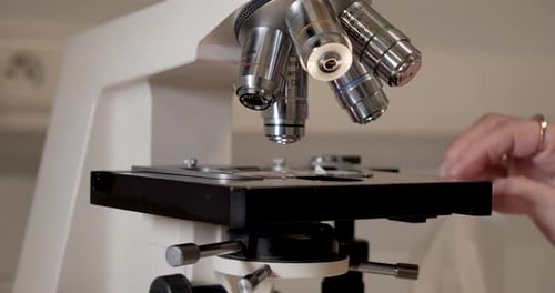 Microscope Being Adjusted in a Science Lab