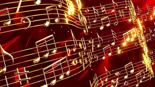 Golden Musical Notes Flowing Over Red Background