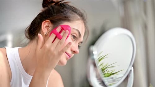 Young Woman Using Facial Sponge in Mirror