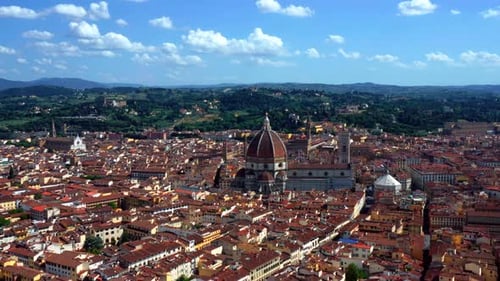Panoramic View Of Florence And Florence Cathedral Dome In Tuscany, Italy. aerial pan left