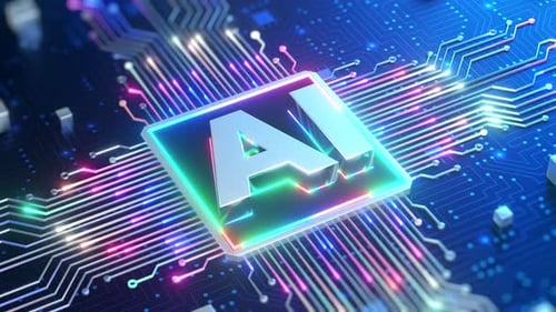 Futuristic AI Processor Chip with Glowing Digital Data Flow