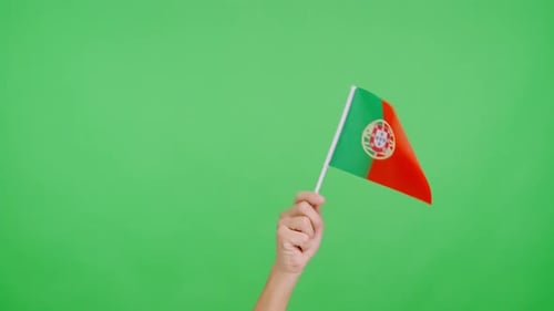 Arm waving flag of Portugal on green screen