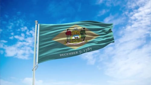 Delaware State Flag Waving Animation on Blue Sky