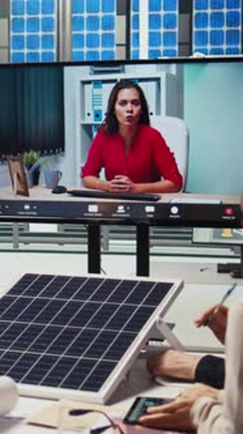 Vidéo verticale Les ingénieurs des centrales photovoltaïques conçoivent des prototypes de cellules solaires lors d'une réunion par appel vidéo