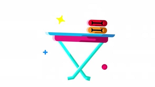 Animated Ironing Board with Folded Laundry Flat Design
