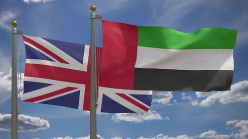 UK and UAE National Flags Waving Against Blue Sky