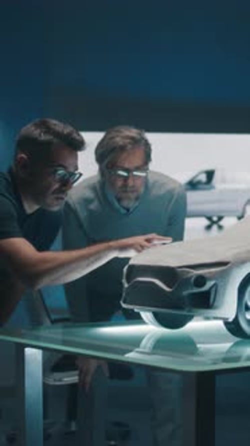 Automotive Engineers Work with Concept Car Model Prototype in a High Tech Office