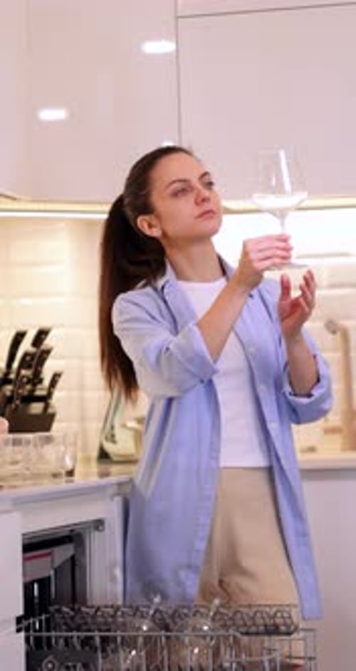 Woman Unloading Glasses from Dishwasher in Modern Kitchen