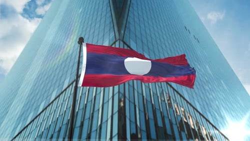 3D Animation of Laos Flag Waving Over Modern Building