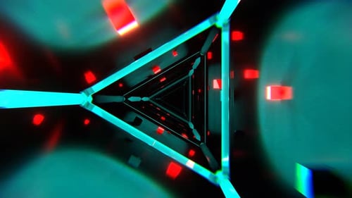 Turquoise And Red Abstract Triangular Corridor With Shimmering Cubes Background Vj Loop I 4K