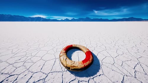 Abandoned Lifebuoy on Cracked Salt Flat Under Blue Sky