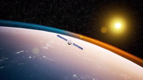 Satellite Orbiting Planet At Sunrise In Deep Space