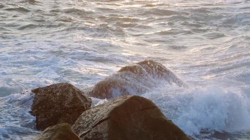 Sunrise at Sea Golden Light Reflects on Water As Waves Crash Against Rocks Ocean Power Beauty in