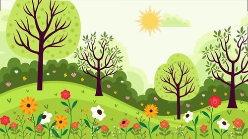 Cartoon Spring Landscape with Beautiful flowers 4k looped