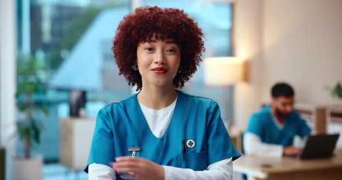 Woman, face and nurse with arms crossed in clinic, healthcare employee and medical student