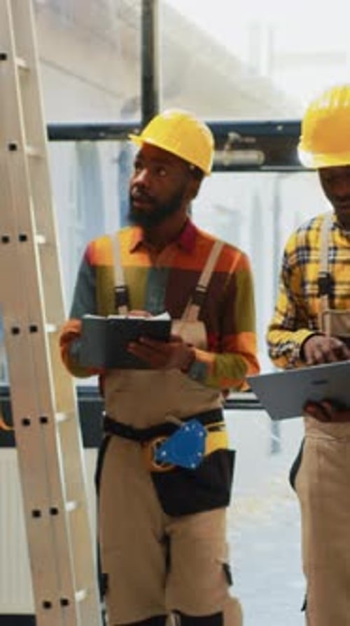 Vertical Video Team of Men Checking Supplies and Cargo in Depot