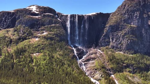 Scenic Norwegian Landscape with Tall Mountain Waterfall