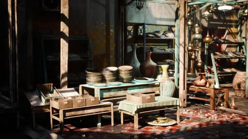 Vibrant Market Alley Showcases Aged Ceramics Under Soft Glow