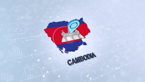 Cambodia Map Flag with Location Pin and Digital Background