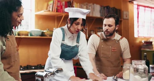 Cooking class, chef and couple with dough in kitchen for culinary skills, homemade pasta and recipe