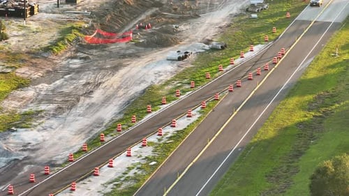 Aerial View of Busy American Highway Road Under Construction Development of Traffic Infrastructure