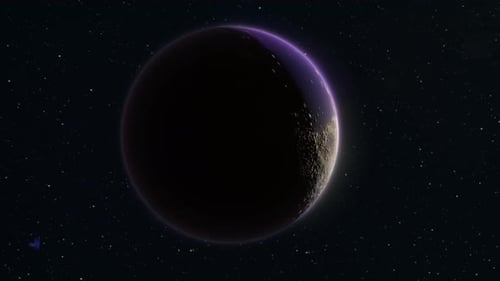 Abstract realistic space spinning planet round sphere with a blue water surface in space