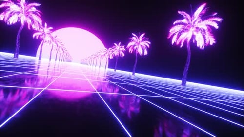 Neon Glowing Synthwave Road And Palms