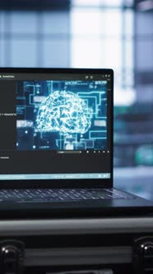Vertical Video Laptop in Data Center Facility with Artificial Intelligence Simulation