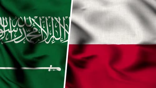 Realistic Saudi Arabia and Poland Flags Waving