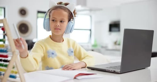 Little girl, abacus and writing with book, headphones or laptop for mathematics