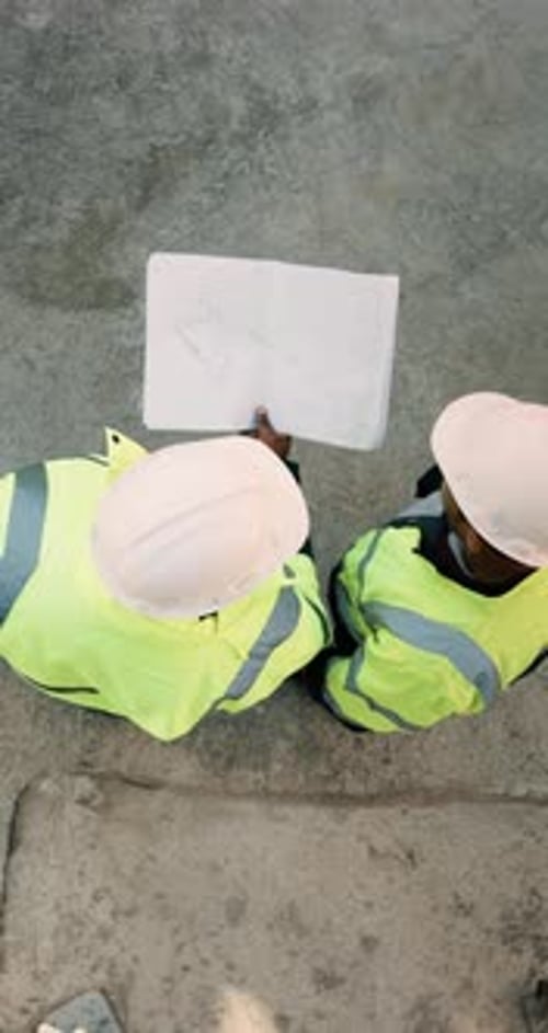 People, architect or planning with blueprint for construction or building development above on site
