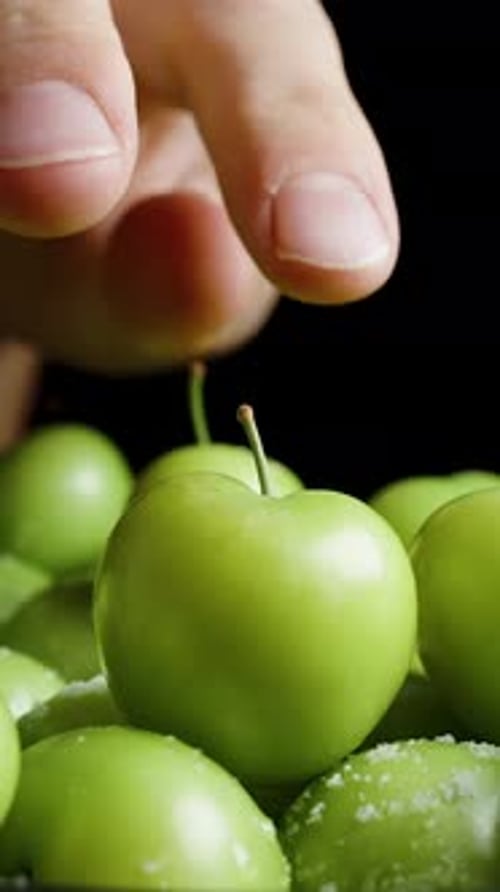 Vertical video. A Hand Emerges from the Darkness Behind a Plate of Green Plums and Picks One.
