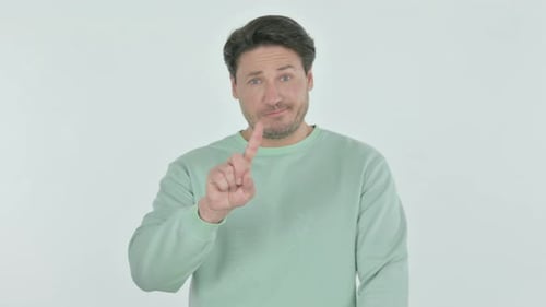 Man Gesturing No with Finger Against Plain Background