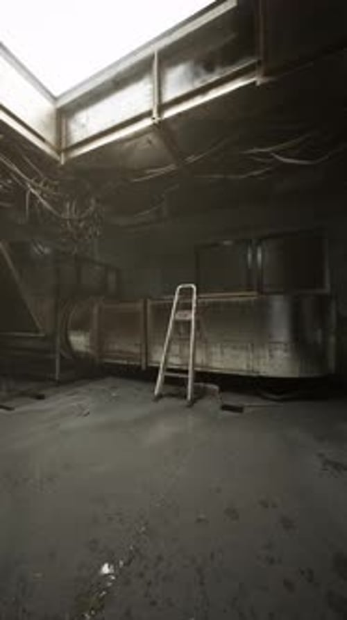 Abandoned Industrial Space with a Rusty Ladder and Tangled Wires at Dawn
