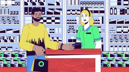 Pharmacy Paying Smart Watch Line Cartoon Animation