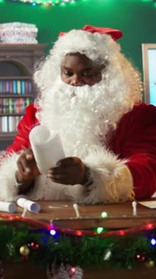 Vertical Video African American Saint Nick Opening Letters From Children in Festive Workshop