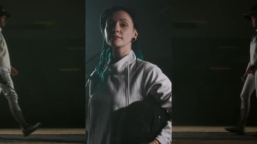 Split Screen of Foil Fencers Getting Ready to Fight in Dark Hall