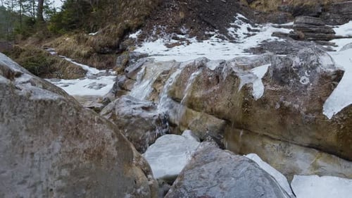Mountain stream water flowing over rocks and melting snow in early spring