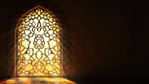 Fondo islámico del Ramadán, luz radiante que emana de un arco islámico