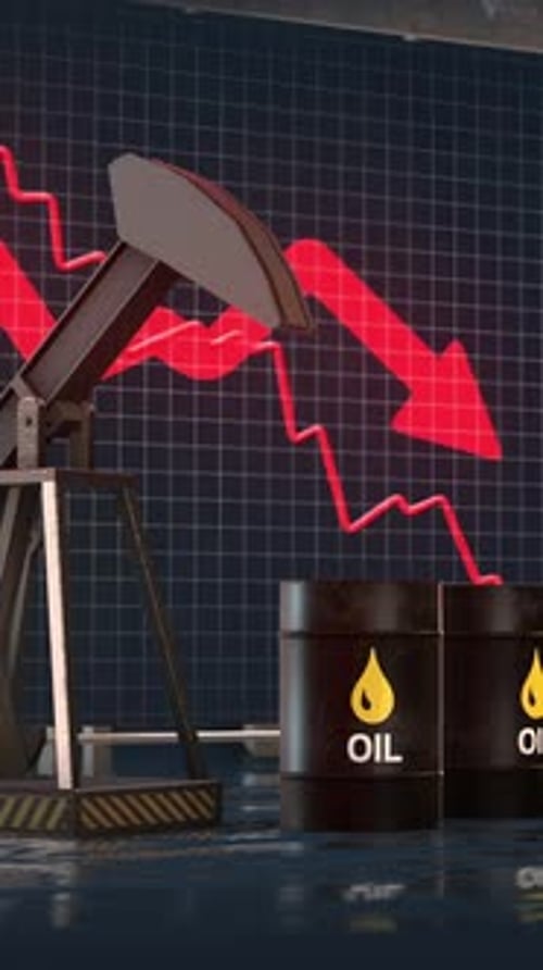 Oil Price Falling Chart With Pumpjack Vertical Energy Market 3D Loop 4K