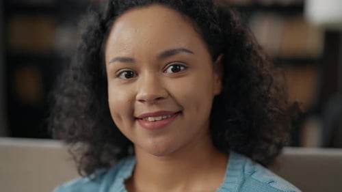 African American Smiling Girl Portrait Close Up Beautiful Teenage Female Student with Smile Looking