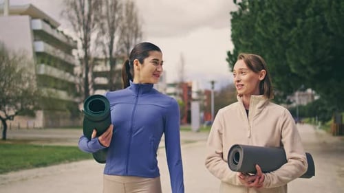 Happy Yogini Speaking Street Walk Together Laughing Sport Women Strolling Alley