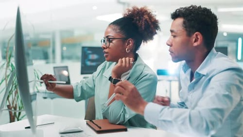 Business people, software developer and writing with computer for UI, UX