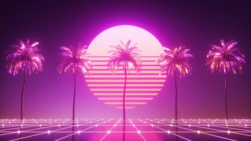 Palmiers luminescents au néon et fond de synthwave solaire