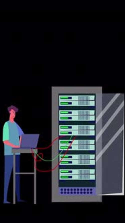 2D Engineer Working On Computer Server Rack Switchboard Vertical Alpha Channel