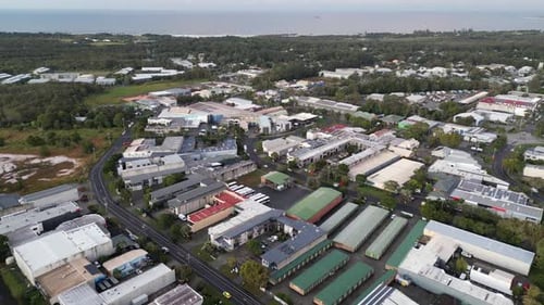Vista aérea del distrito suburbano y la industria, Australia.