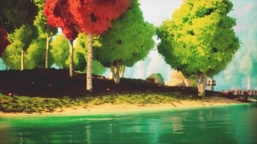 Colorful Cartoon Forest at Sunset