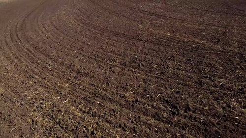 Flight Over a Plowed Field of Black Soil on a Sunny Day A Dug Up Field of Earth
